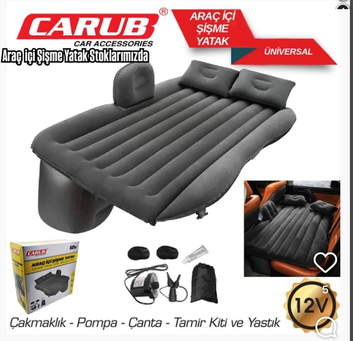 Carub Araç Içi 12v Şişme Yatak Pompa + Yastık Seti