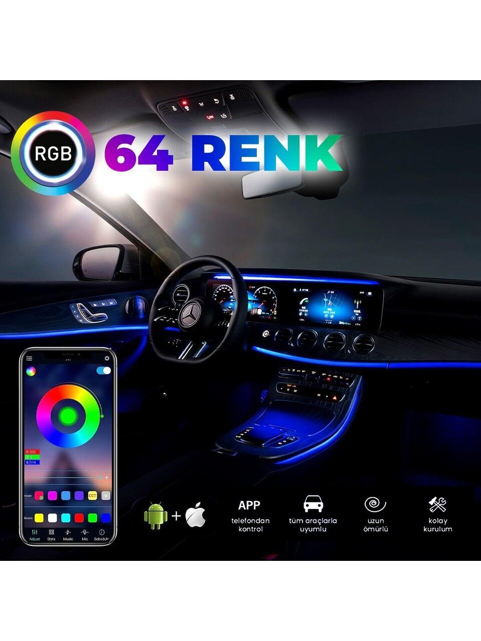 Araç Içi Ambiyans Aydınlatma Sistemi 64 Renk Rgb LED Bluetooth Destekli - Müzik ve Ses Duyarlı