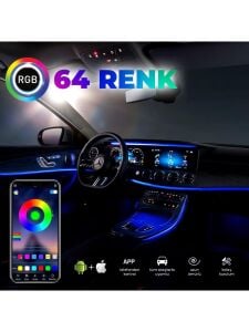 Araç Içi Ambiyans Aydınlatma Sistemi 64 Renk Rgb LED Bluetooth Destekli - Müzik ve Ses Duyarlı