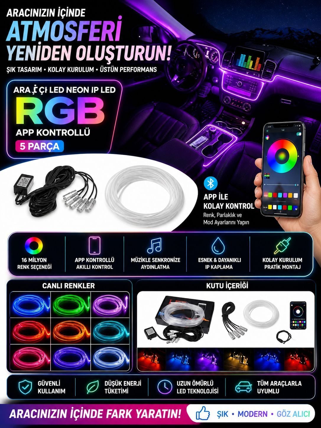 Araç Içi Ambiyans Aydınlatma Sistemi 64 Renk Rgb LED Bluetooth Destekli - Müzik ve Ses Duyarlı