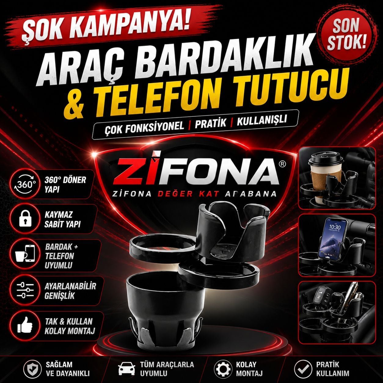 Araç Bardaklık & Telefon Tutucu – Çok Fonksiyonel Tasarım