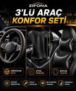 3 lü set Dikme Direksiyon Kılıfı + Vites Körüğü +  boyun yastğı