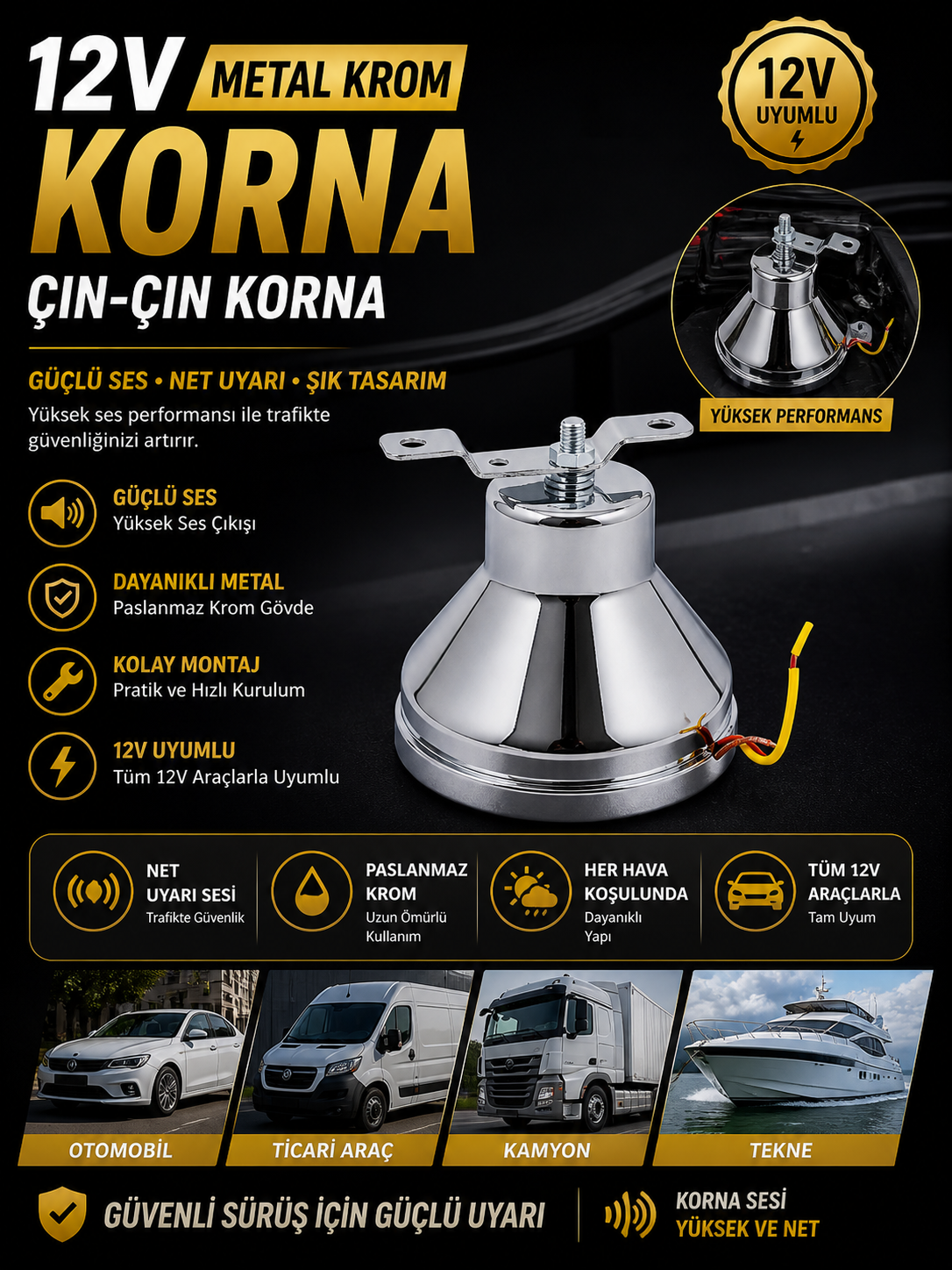 Korna 12V Metal Çın-Çın Krom