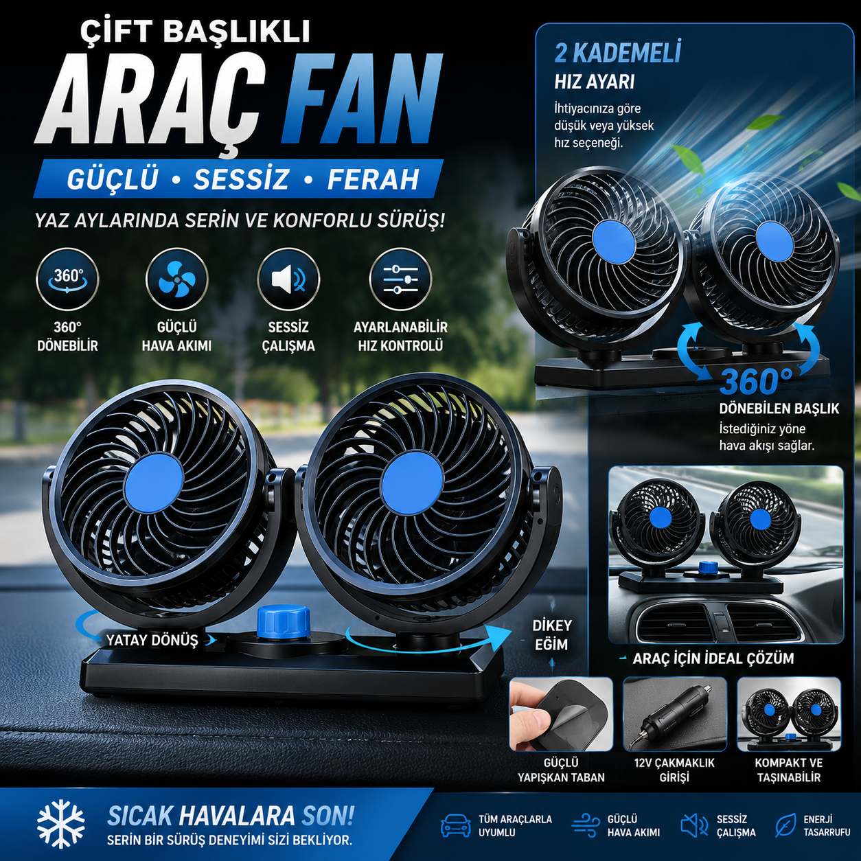 Çift Başlıklı Araç Fanı 12V – Güçlü Sessiz Oto İçi Serinletici Fan