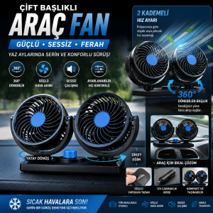 Çift Başlıklı Araç Fanı 12V – Güçlü Sessiz Oto İçi Serinletici Fan