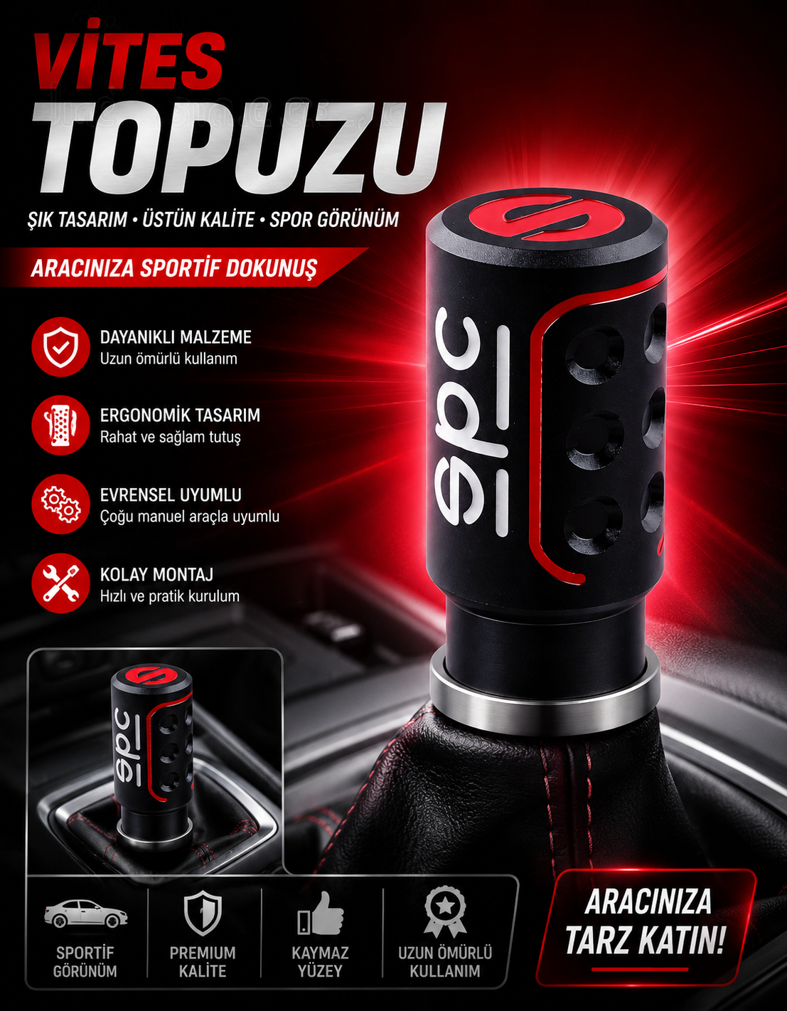 Spor Vites Topuzu – Universal Manuel Vites Kolu Başlığı Premium Tasarım