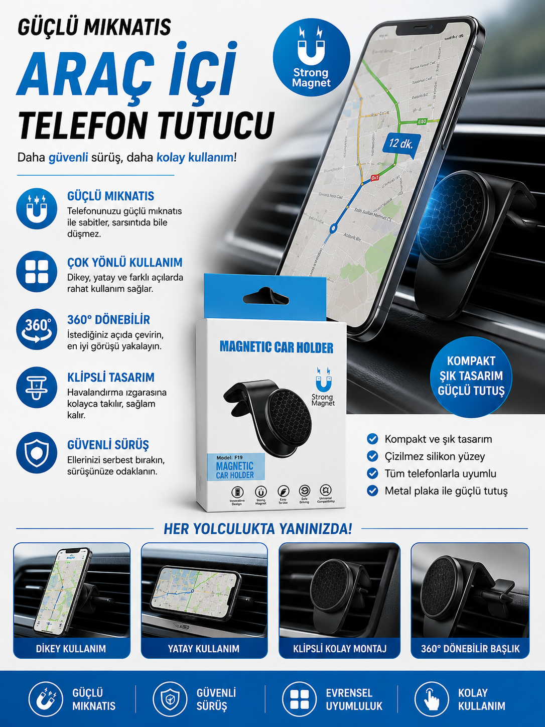 Güçlü Mıknatıslı Araç İçi Telefon Tutucu 360° Döner Havalandırma Klipsli Manyetik Telefon Standı