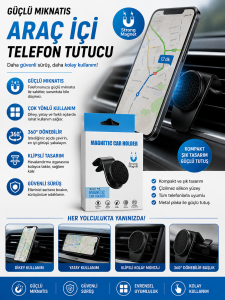 Güçlü Mıknatıslı Araç İçi Telefon Tutucu 360° Döner Havalandırma Klipsli Manyetik Telefon Standı