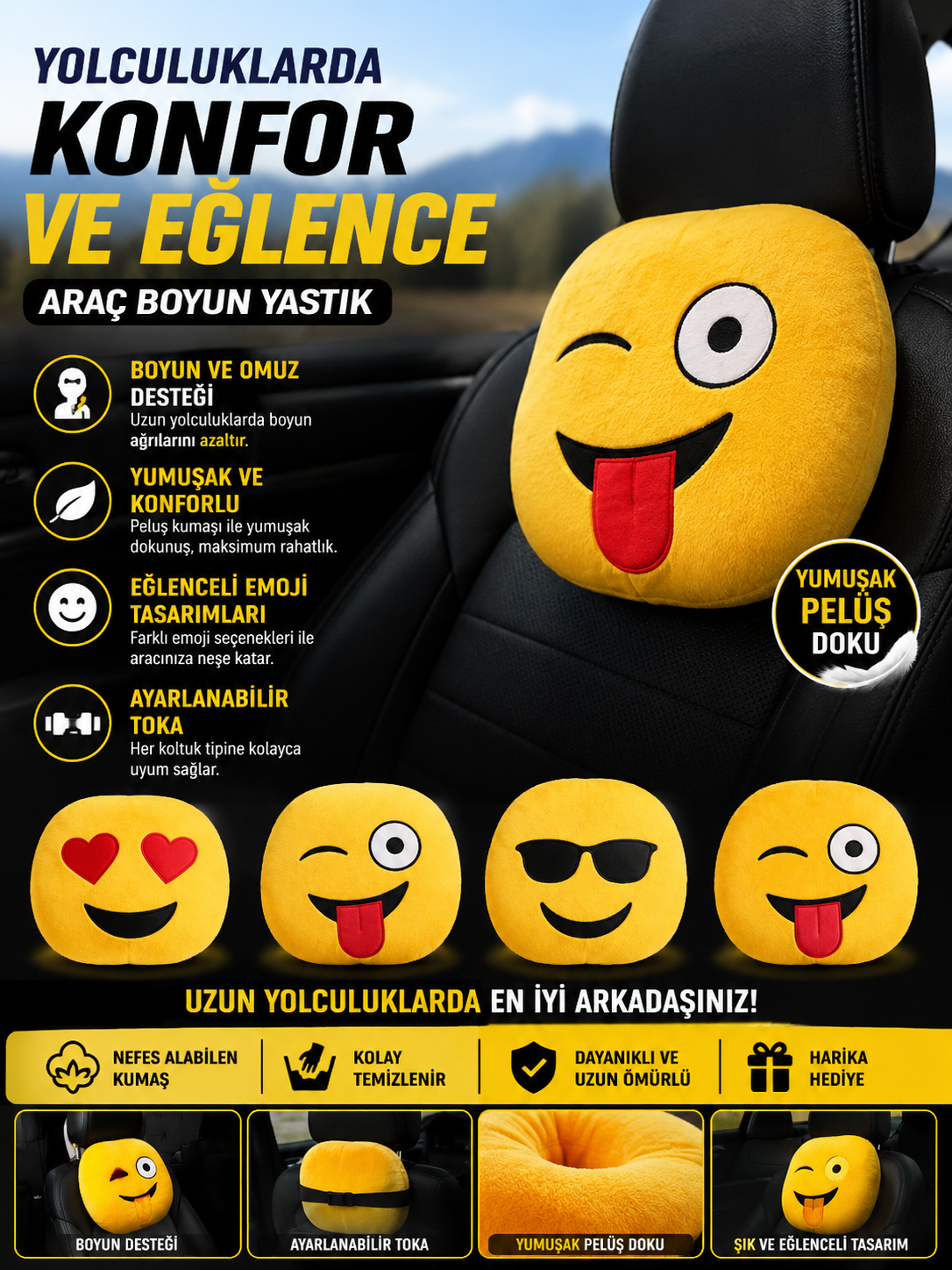 Emoji Tasarımlı Araç Boyun Yastığı Peluş Oto Koltuk Baş Boyun Destek Yastığı  1 adet