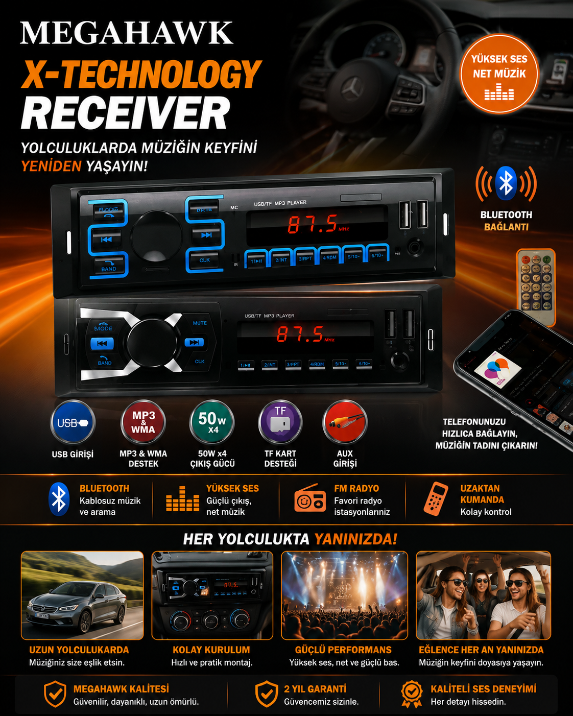 Megahawk Bluetooth Araç Teybi USB TF Kart AUX Destekli Oto Müzik Çalar FM Radyo Uzaktan Kumandalı