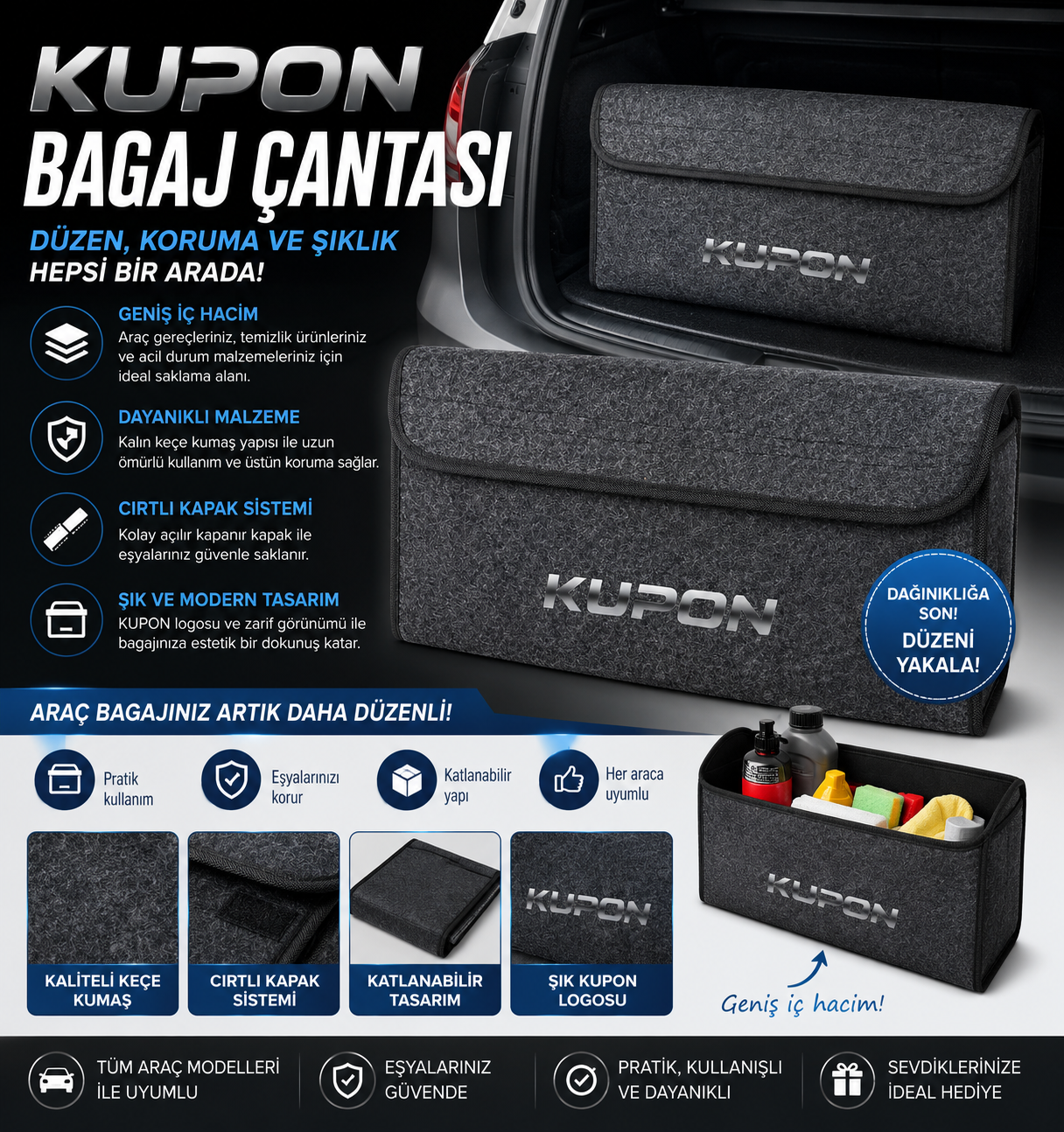 Kupon Araç Bagaj Düzenleyici Çanta – Katlanabilir Keçe Oto Bagaj Organizeri