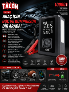 TLJ-01 Araç Marş Powerbank ve Hava Kompresörü – 10000mAh Akıllı Takviye Cihazı