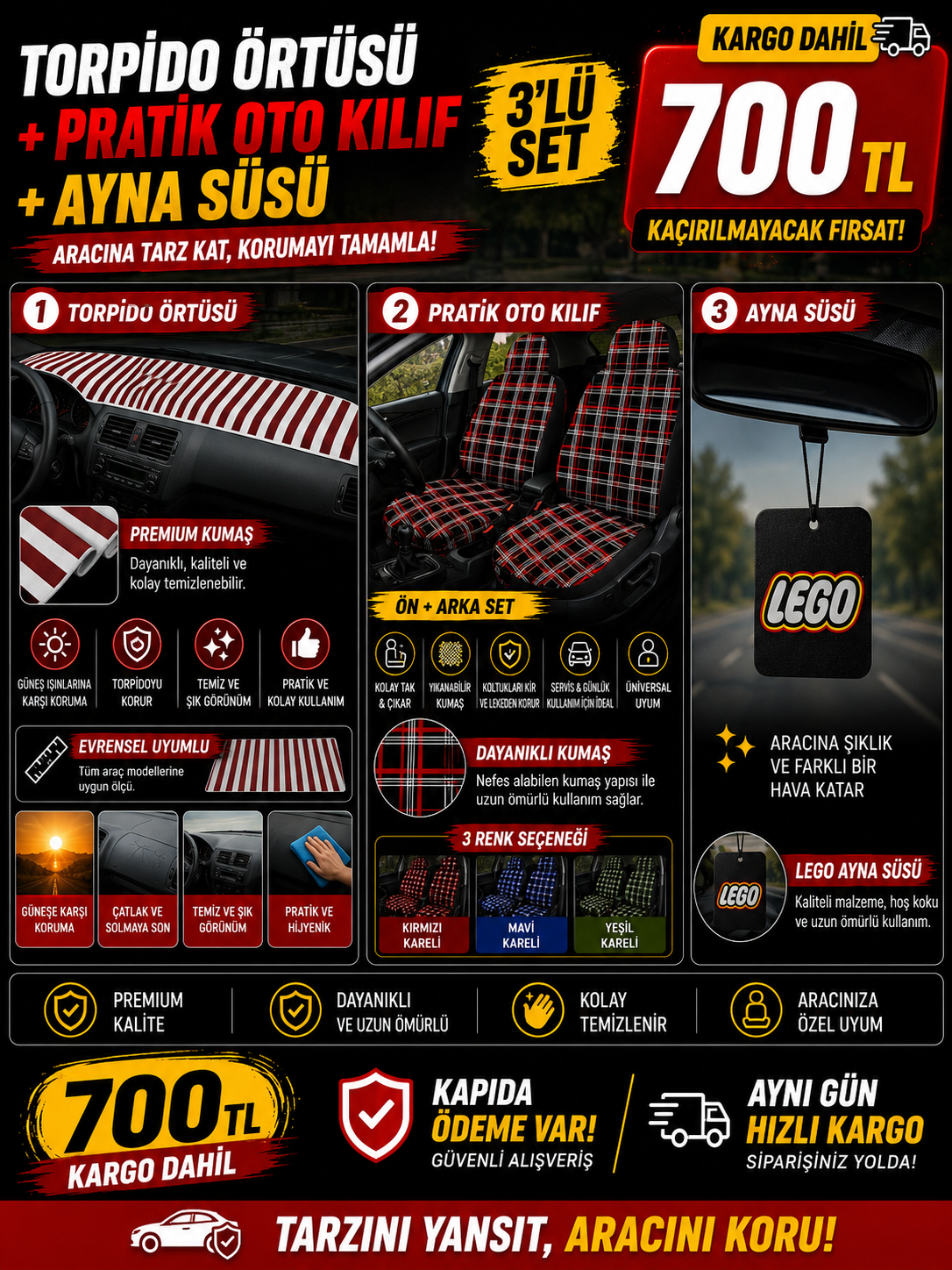 Pratik Oto Koltuk Kılıfı + torpido örtüsü + ayna süsü