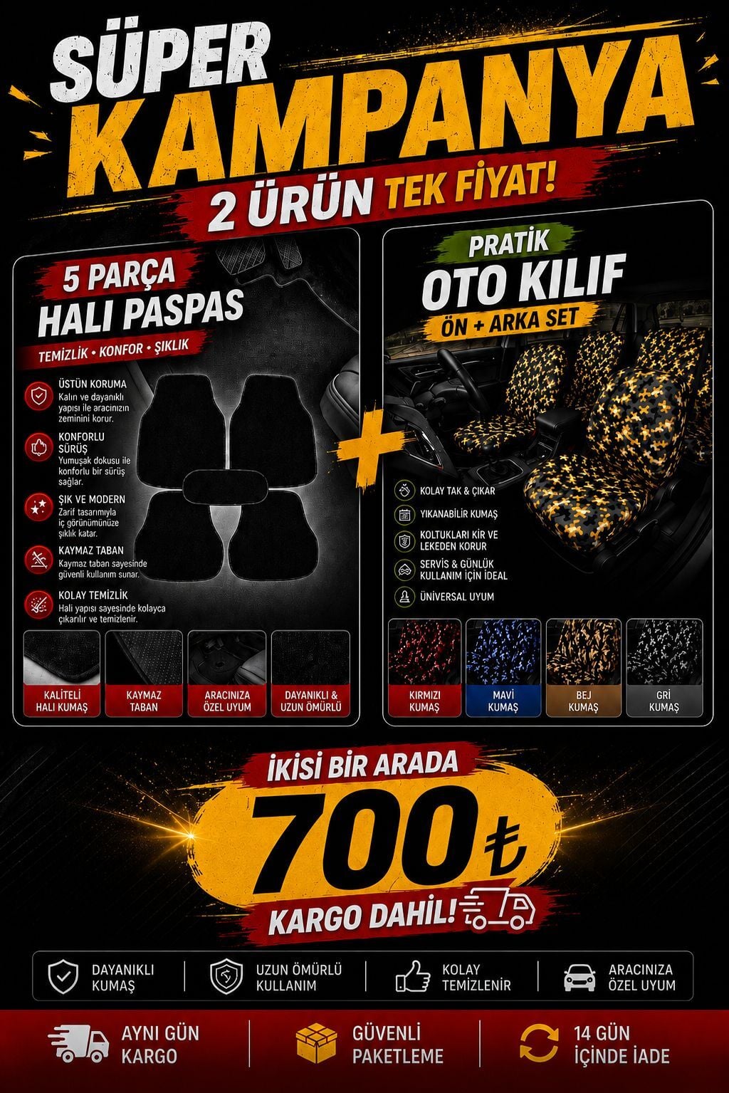 5 Parça Halı Paspas + Pratik Oto Koltuk Kılıfı