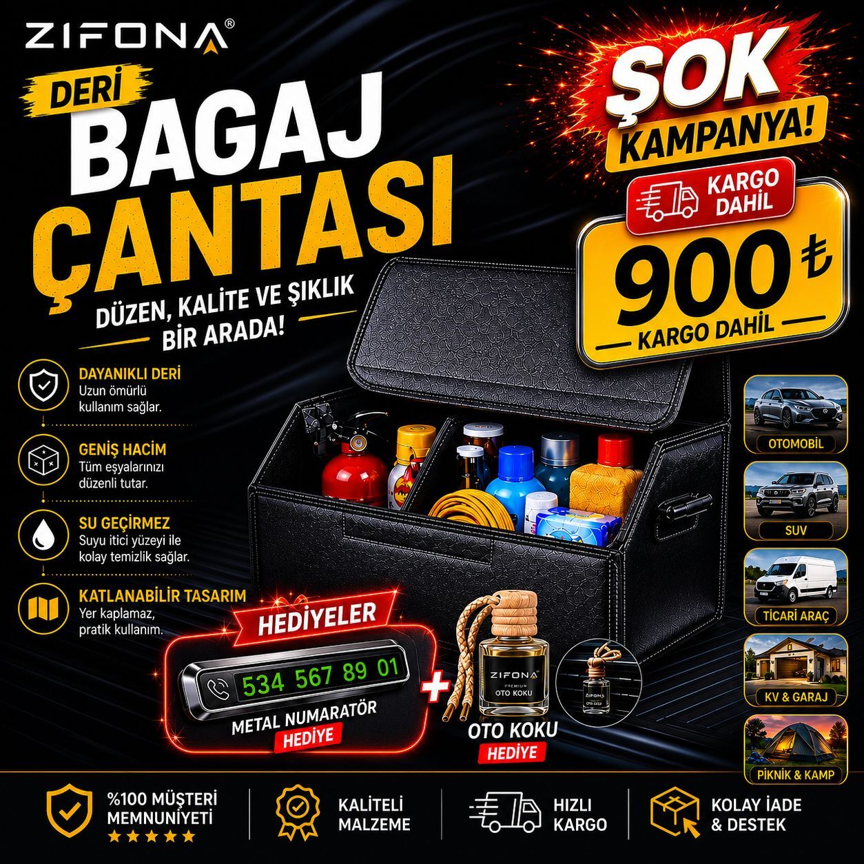 Deri Bagaj Çantası | Katlanabilir Oto Düzenleyici + Metal Numaratör & Oto Koku Hediyeli