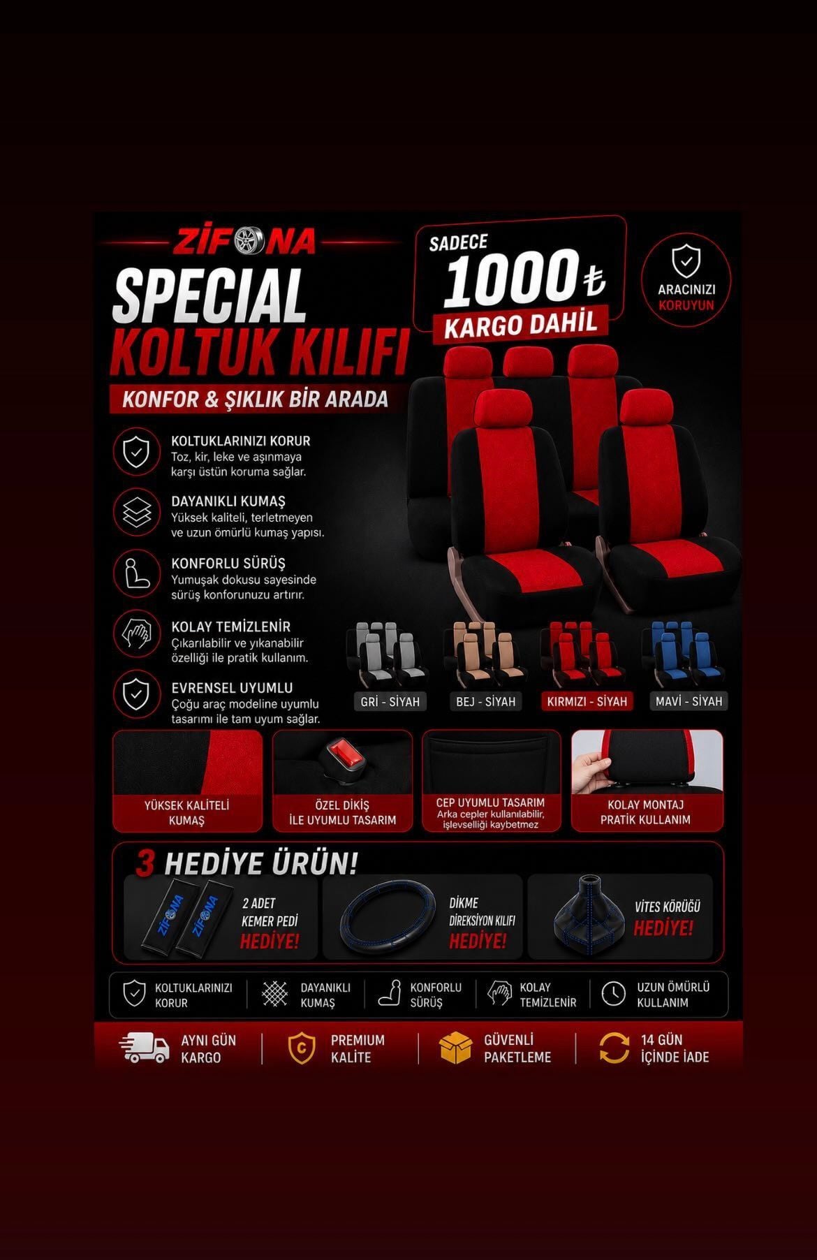 ZIFONA Special Oto Koltuk Kılıfı Ön Arka set