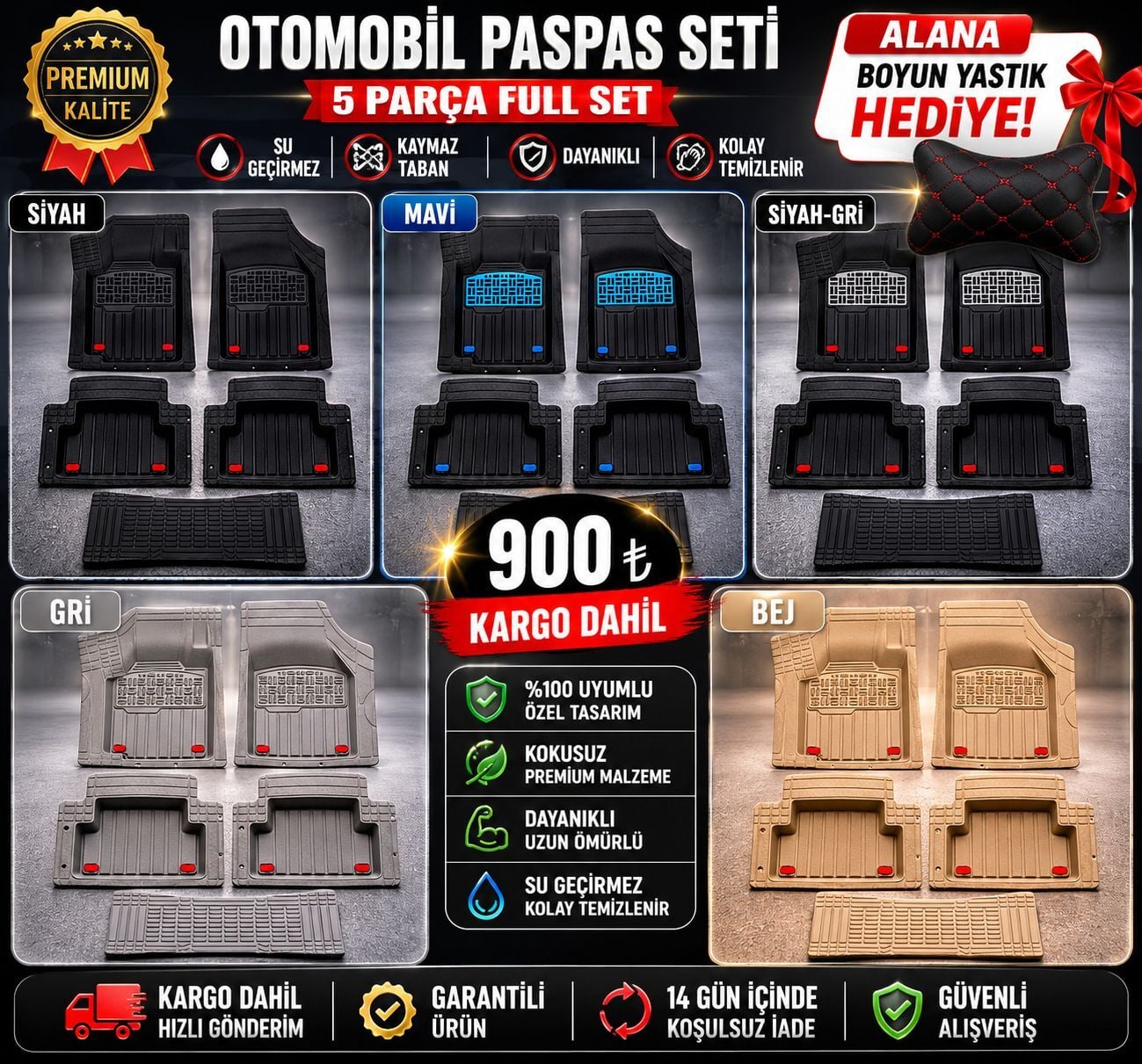 Zifona 5 Parça Kauçuk Oto Paspas Seti | Kaymaz Tabanlı | Su Geçirmez |