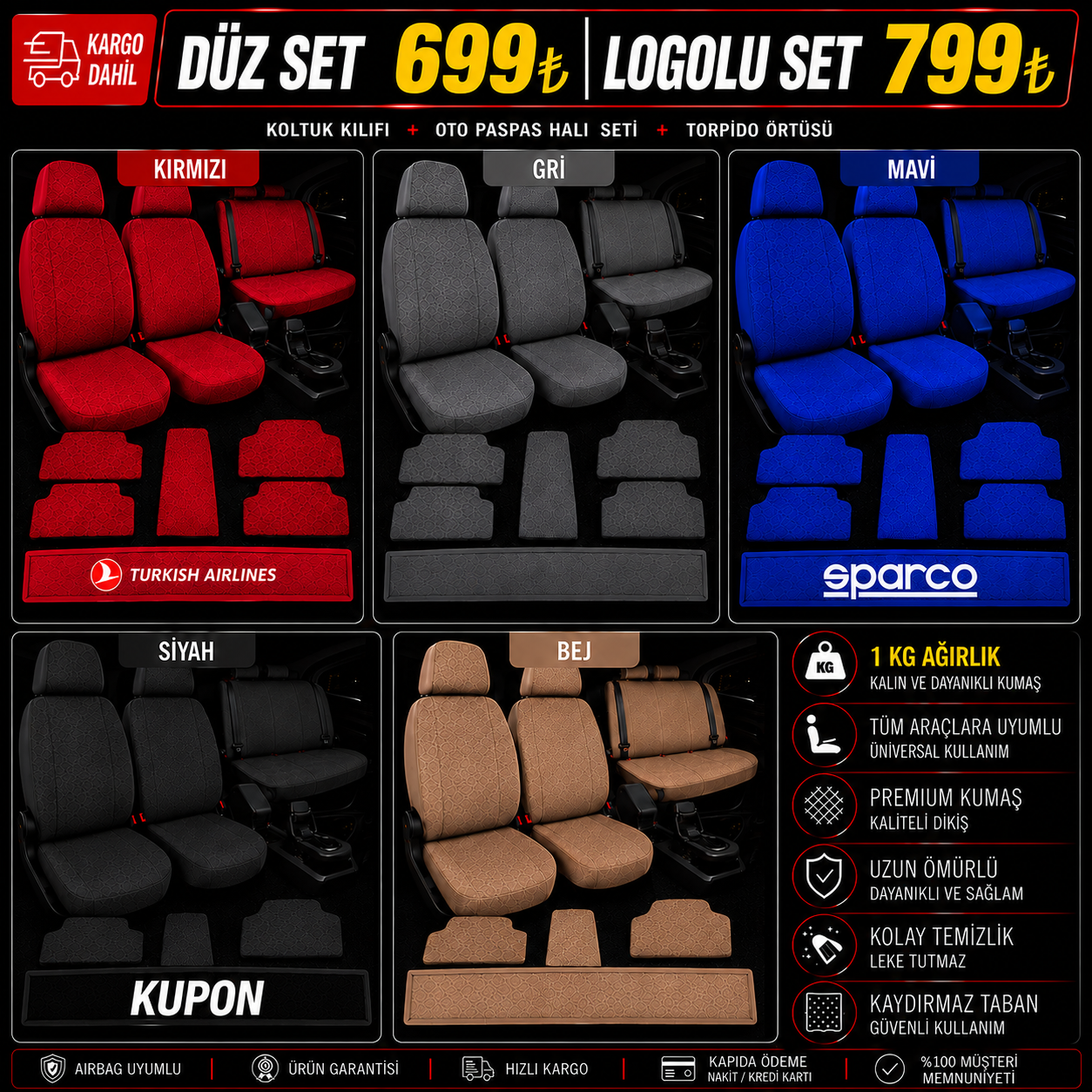 Pratik oto kılıf düz logosuz +halı paspas + torpido örtüsü