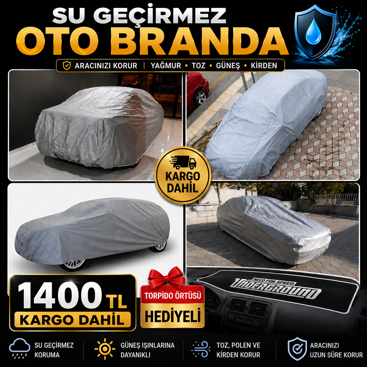 Zİfona Oto Branda Örtü Araca Özel Miflonlu Su Geçirmez torpido örtüsü hediyeli(Kopya)
