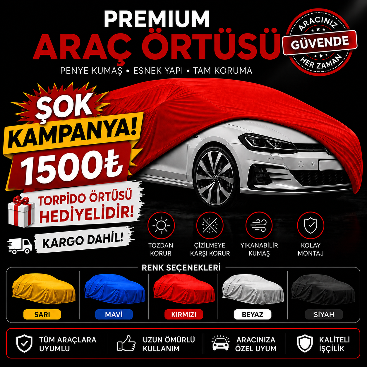 Penye Kumaş Araç Örtüsü Garaj Brandası  7 renk Torpido örtüsü hediyeli