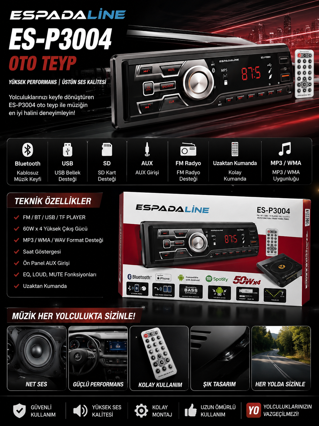 ESPADALİNE ES-P3004 Bluetooth Oto Teyp – USB / SD / AUX / FM Radyo + Kumanda