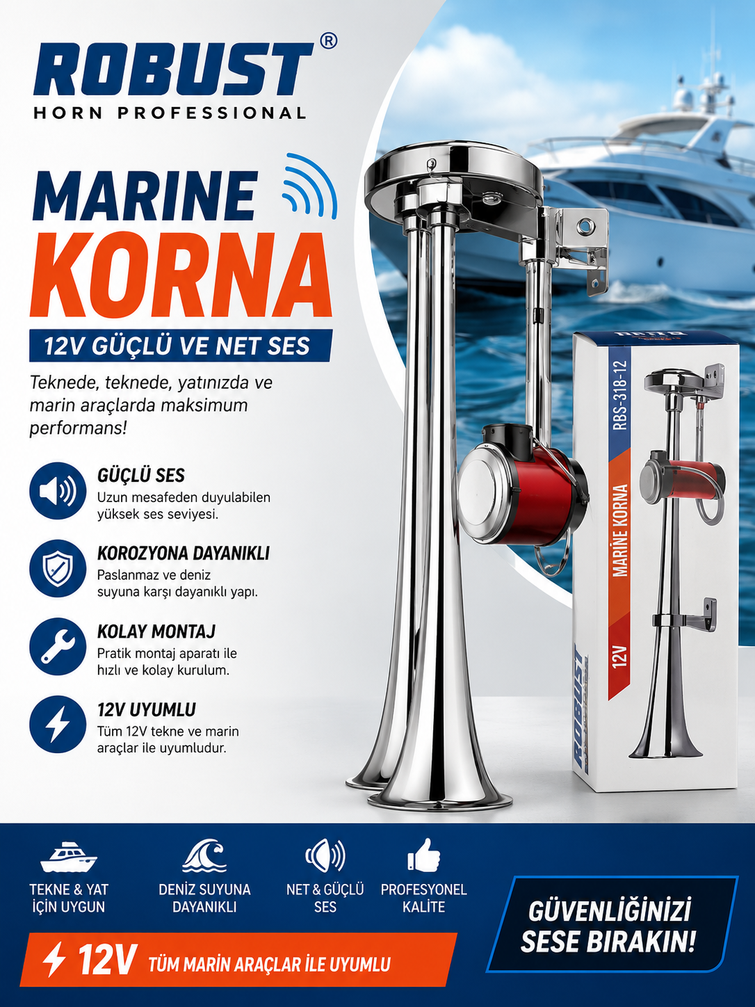 ROBUST 12V MARİNE KORNA – GÜÇLÜ VE NET SES