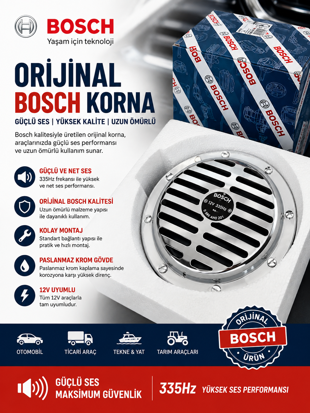 ORİJİNAL BOSCH 12V KORNA – 335Hz GÜÇLÜ VE NET SES