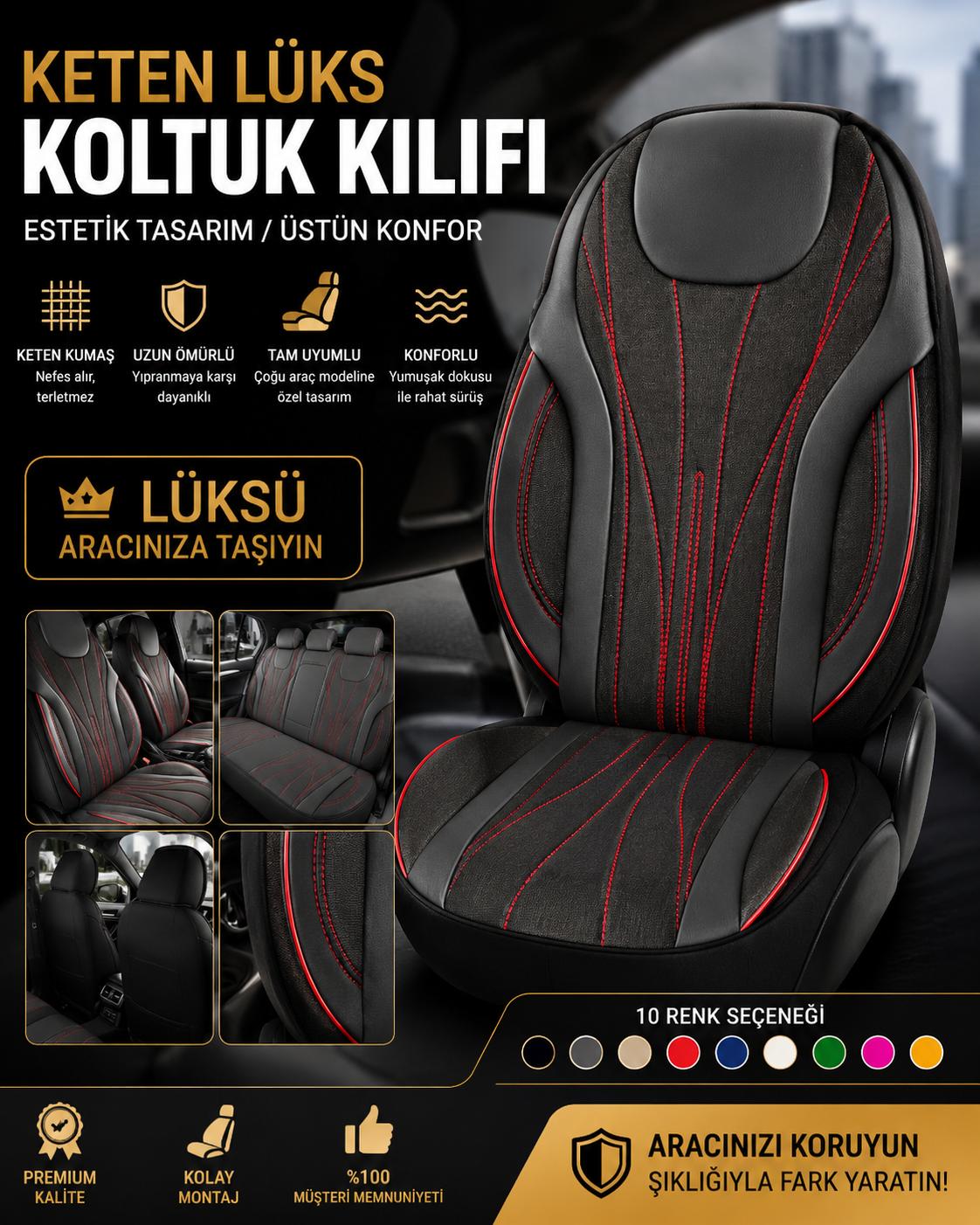 LÜKS KETEN OTO KOLTUK KILIFI – PREMIUM TASARIM & ÜSTÜN KONFOR