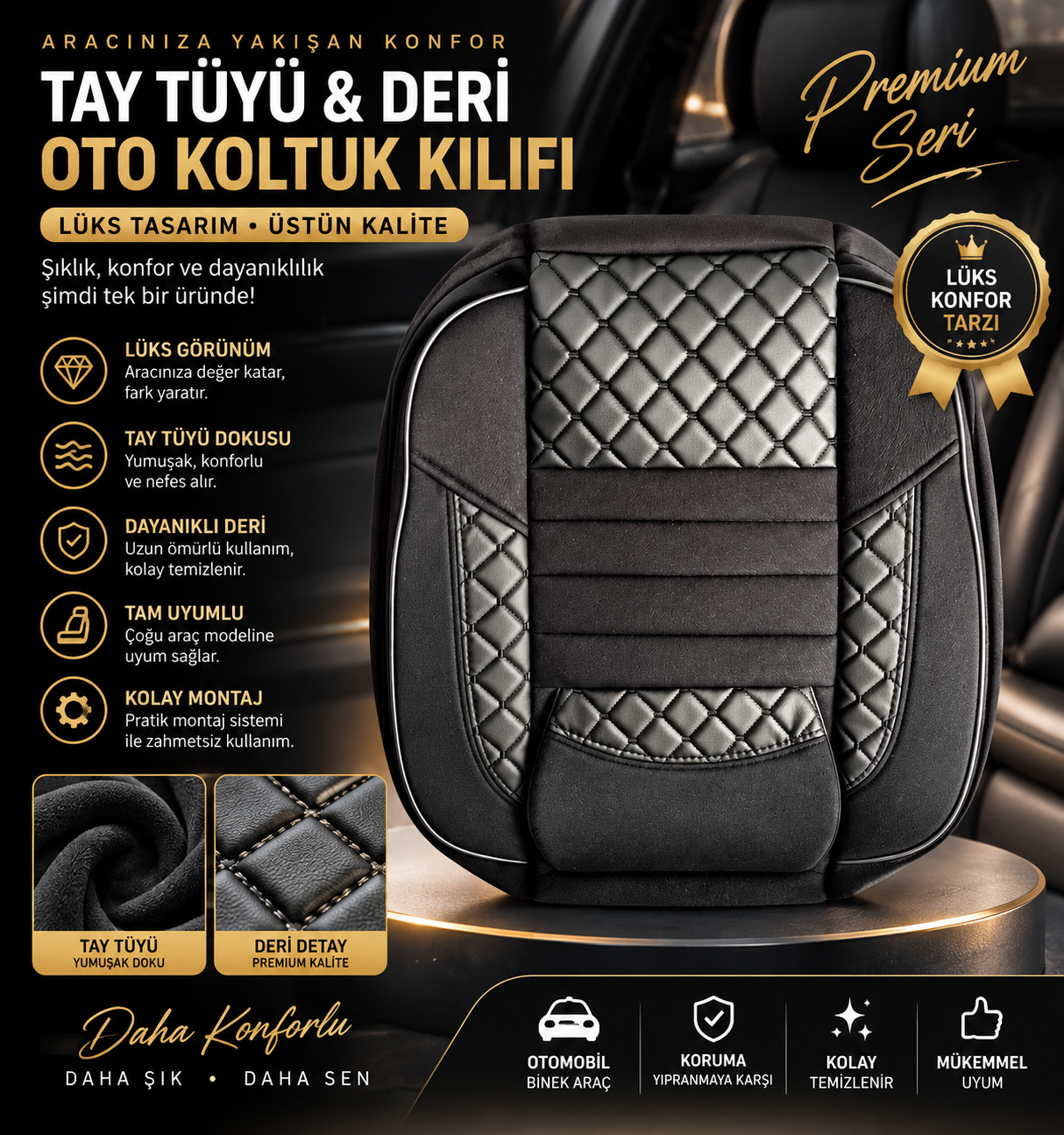 TAY TÜYÜ & DERİ LÜKS OTO KOLTUK KILIFI – PREMIUM SERİ
