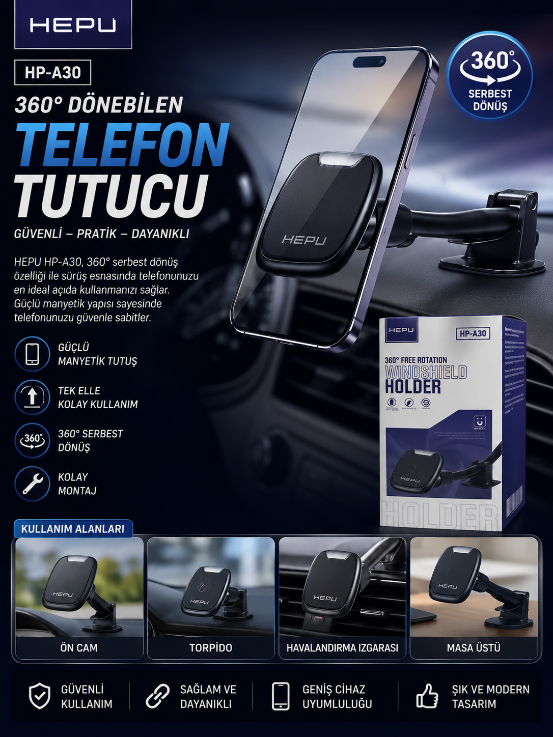 MANYETİK TELEFON TUTUCU – GÜÇLÜ TUTUŞ & SERBEST DÖNÜŞ