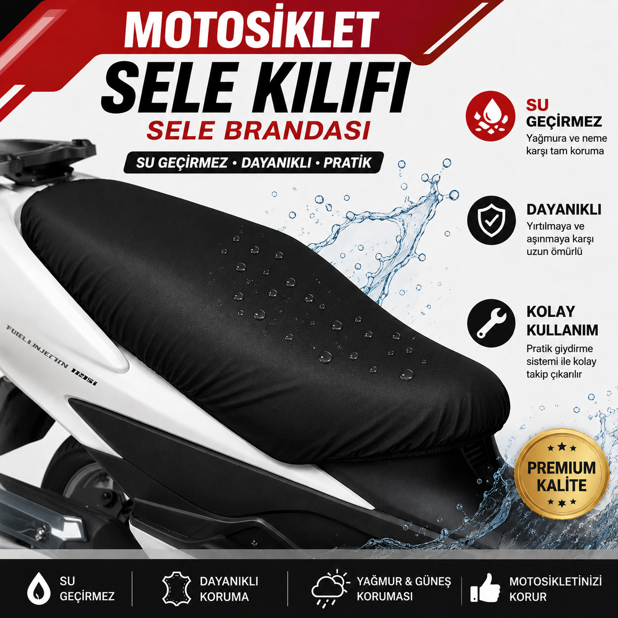Motosiklet Sele Kılıfı Sele Brandası Deri Su Geçirmez 3 BEDEN