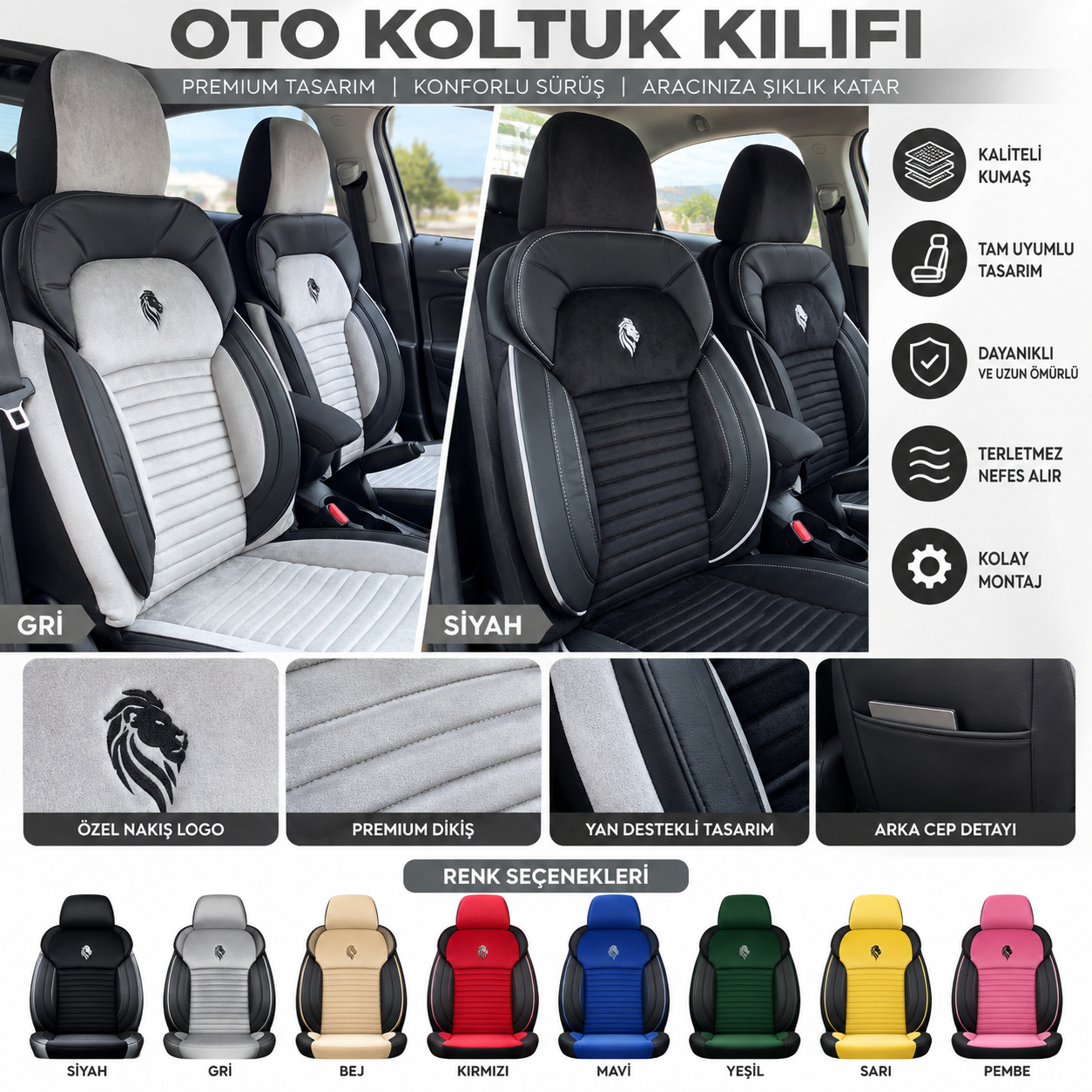Kanatlı aslan logolu Premium Oto Koltuk Kılıfı – Aracınıza Özel Şıklık ve Konfor