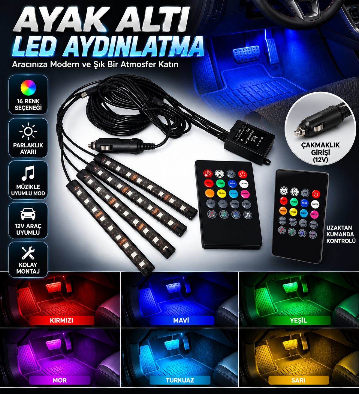 12 LEDLİ ARAÇ İÇİ AYAK ALTI SESE DUYARLI RGB ŞERİT LED AYDINLATMA