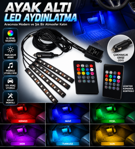 12 LEDLİ ARAÇ İÇİ AYAK ALTI SESE DUYARLI RGB ŞERİT LED AYDINLATMA
