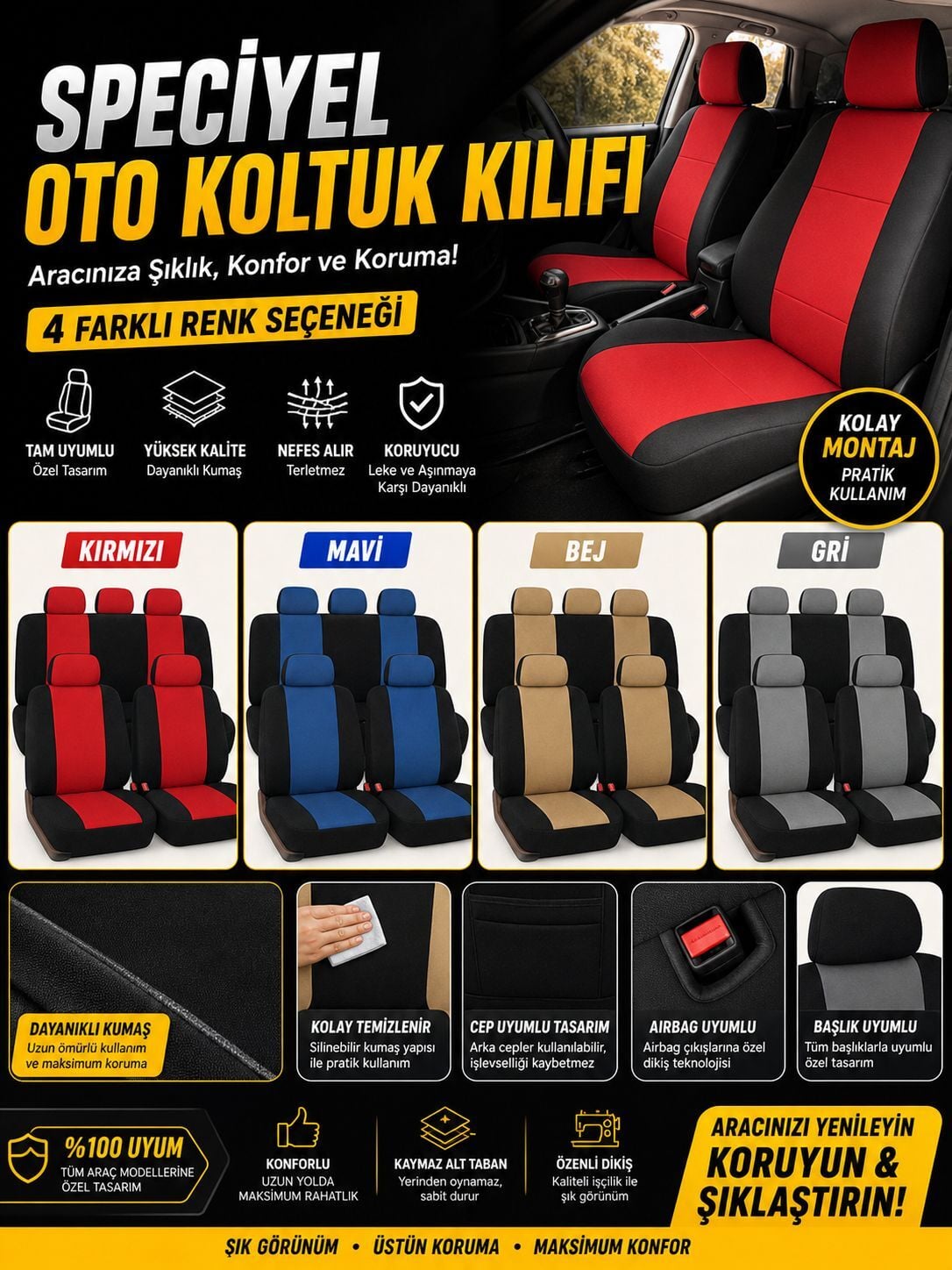 Oto Koltuk Kılıfı Speciyel Ekonomik 4 Renk