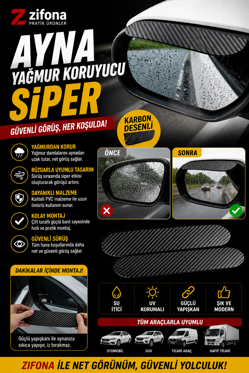 Araba Ayna Yağmur Koruyucu Siper Karbon Desenli