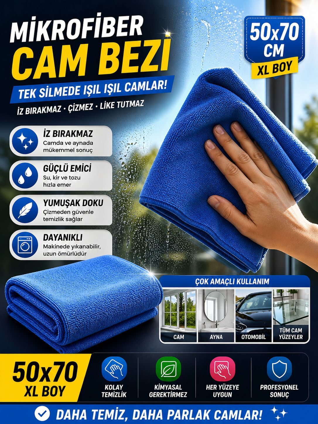 Mikrofiber Cam Bezi 50x70 cm – XL Boy Profesyonel Temizlik