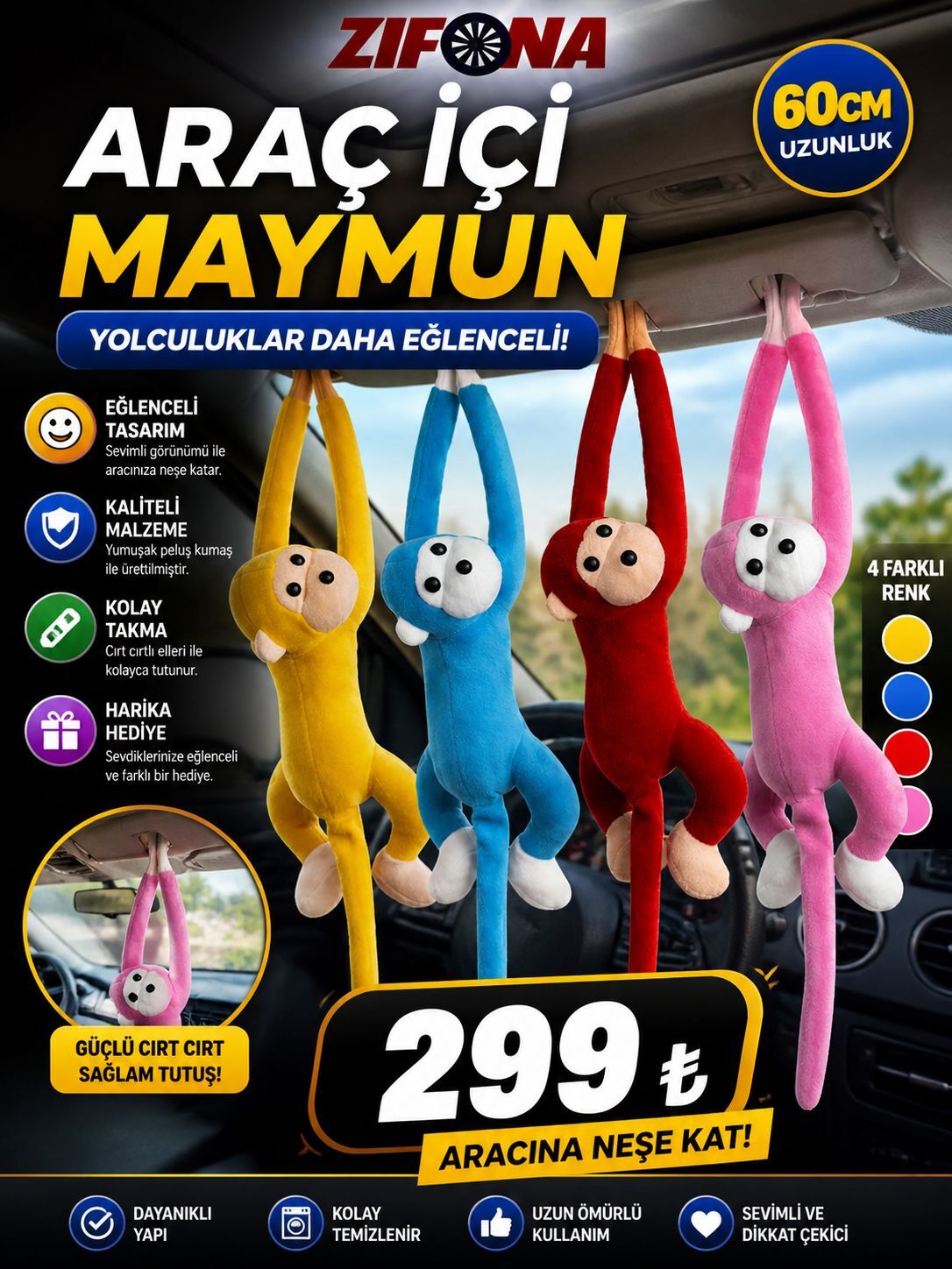 peluş araç içi maymun 60 cm