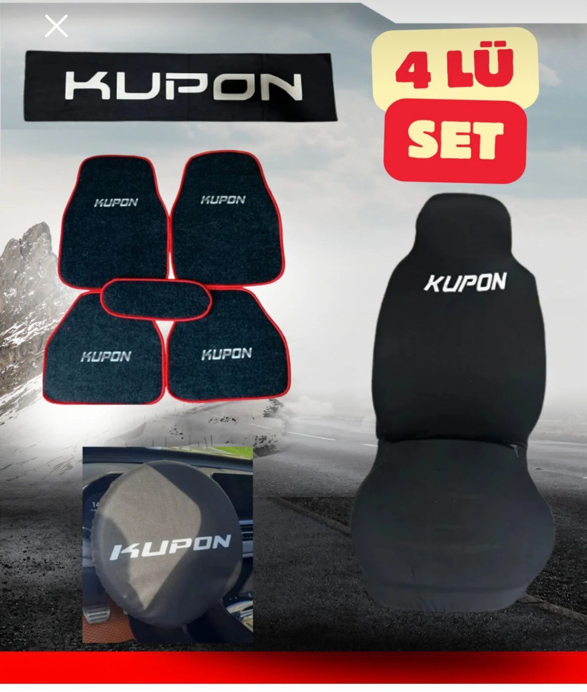 Kupon oto kılıf paspas torpido örtü direksiyon örtü 4 lü set