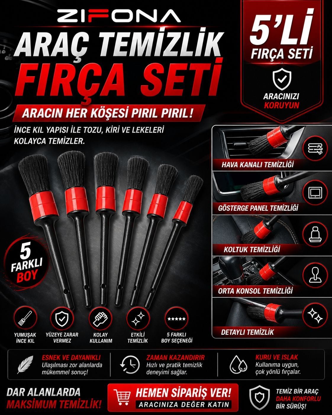 Araba Detaylı Temizlik Fırça Seti 5 li