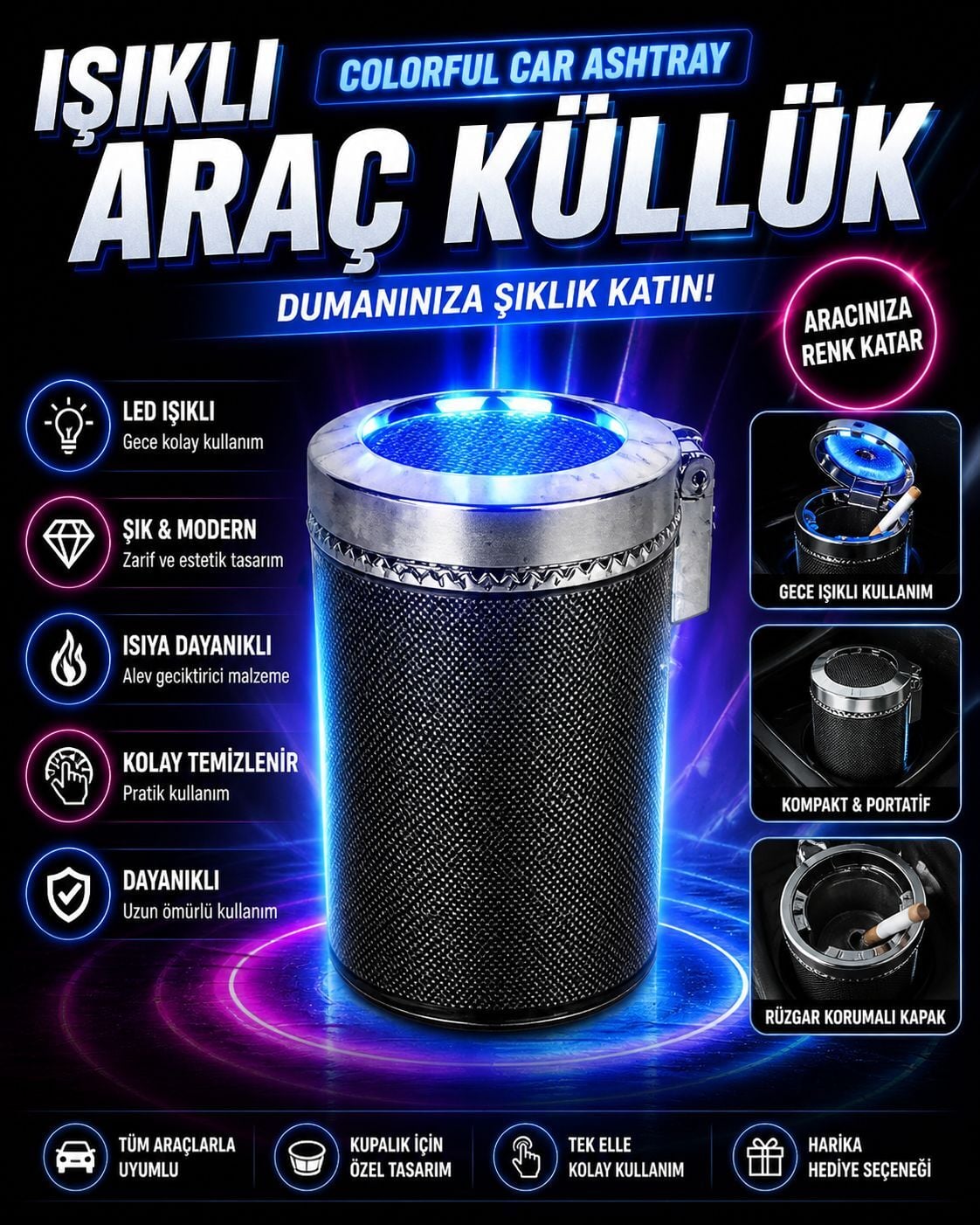 7 Renkli RGB Led Işıklı Lüx Oto Küllük Kapaklı Spor Araç İçi Küllük Araba Küllüğü